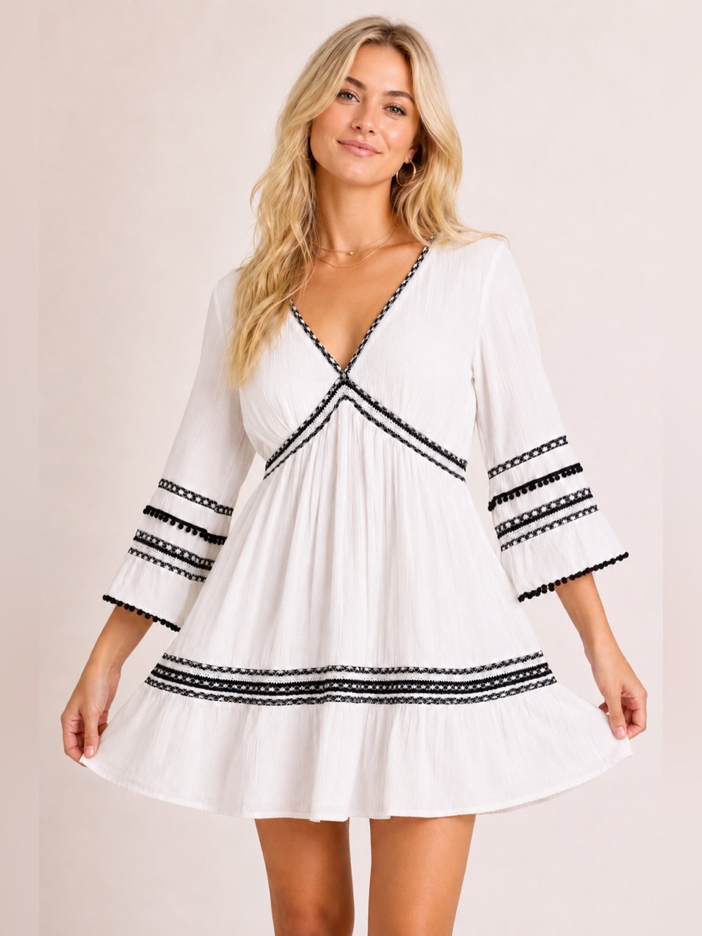 INC International Concepts White Boho Peasant Mini Dress XL Black Trim Babydoll